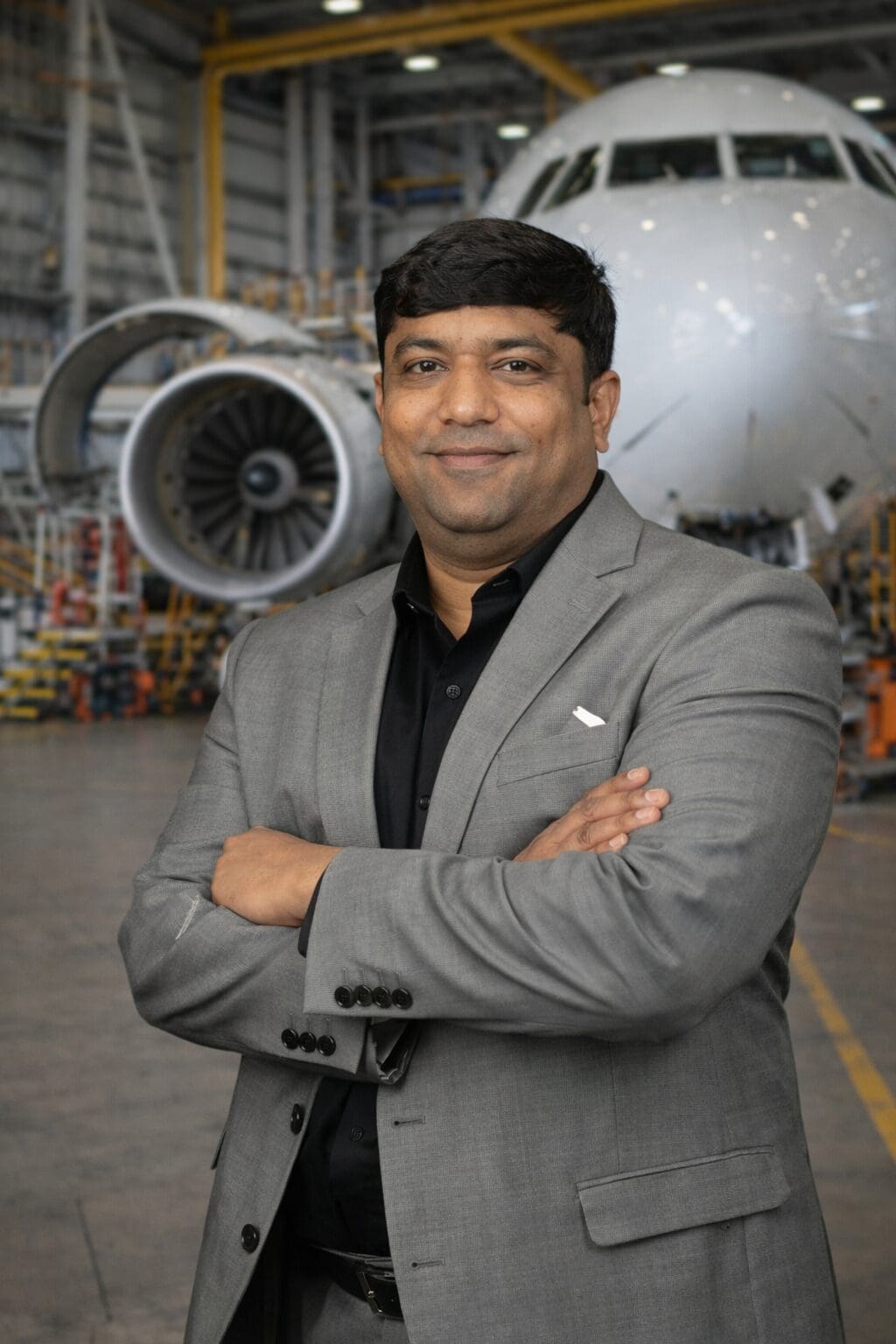 Man in suit standing in airplane hangar